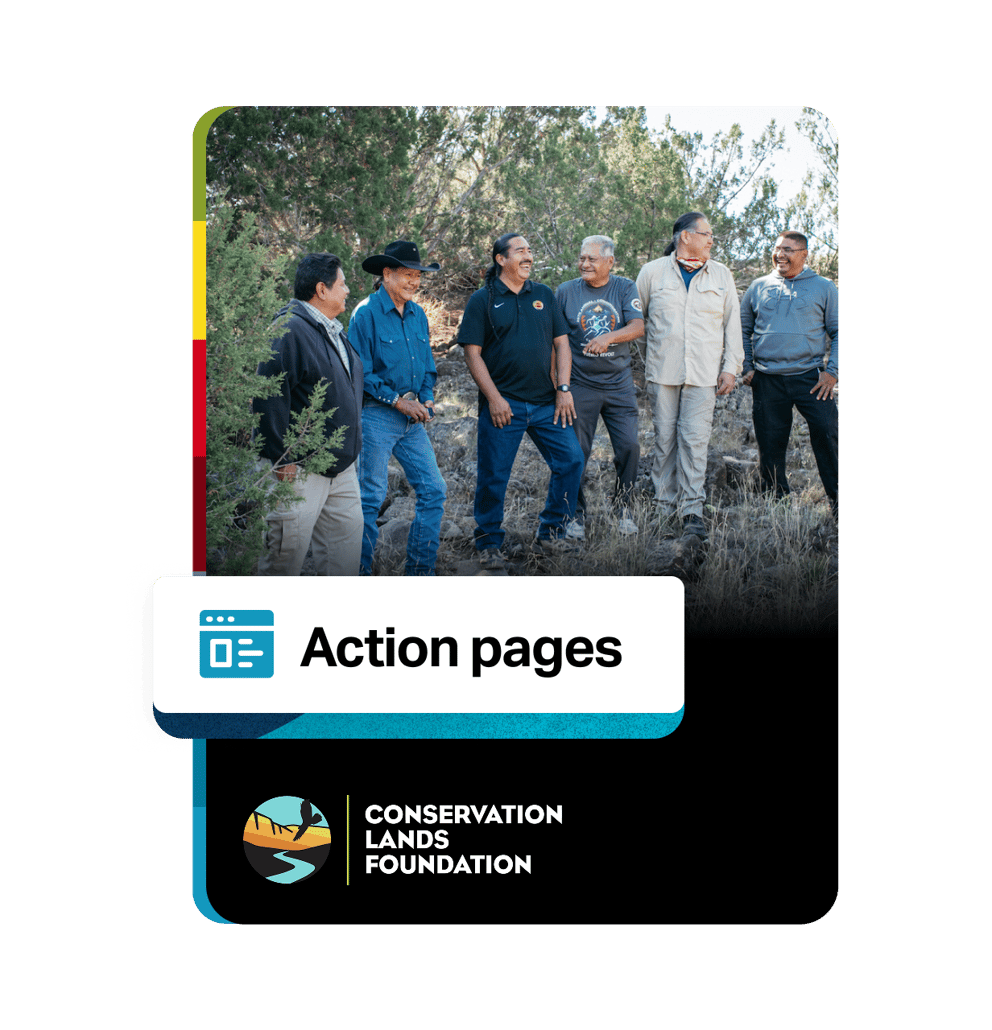 Conservationists meet outdoors to discuss land rights, with an overlay of the Action pages feature.